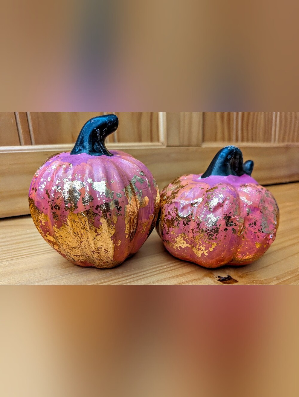 Handpainted Ceramic Pumpkins Decor Metallic Gold Foil Black Stems Set Of 2